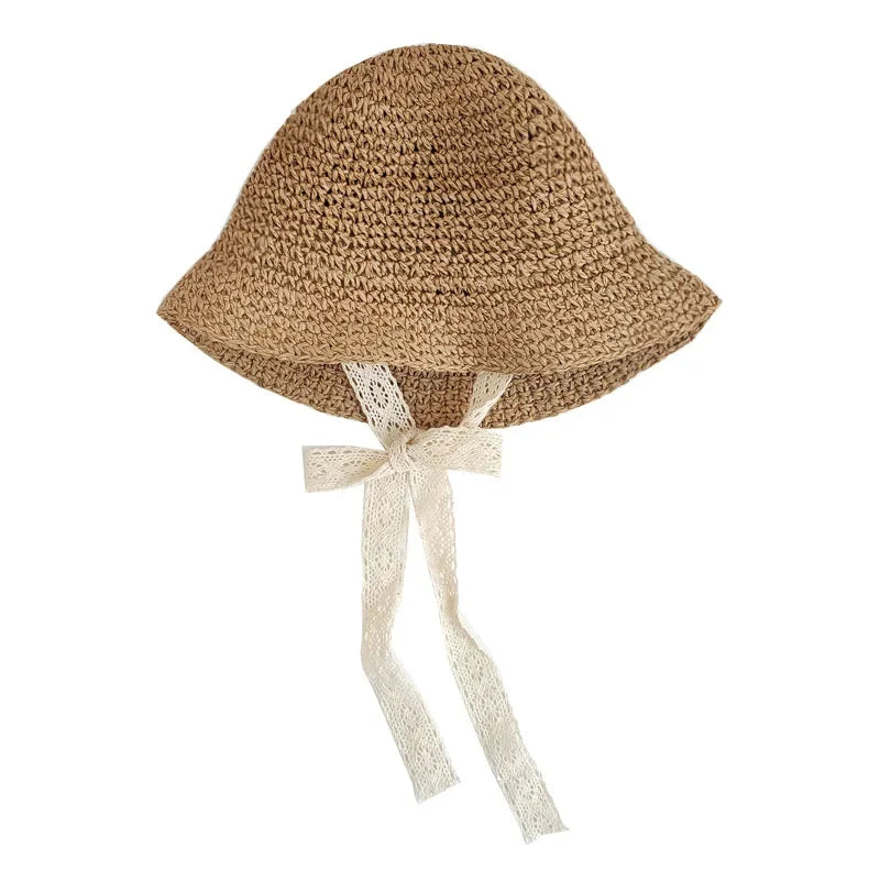 Fashion Lace Baby Hat Summer Straw Bow Baby Girl Cap Beach Children Panama Hat Princess Baby Hats and Caps for Kids 1PC