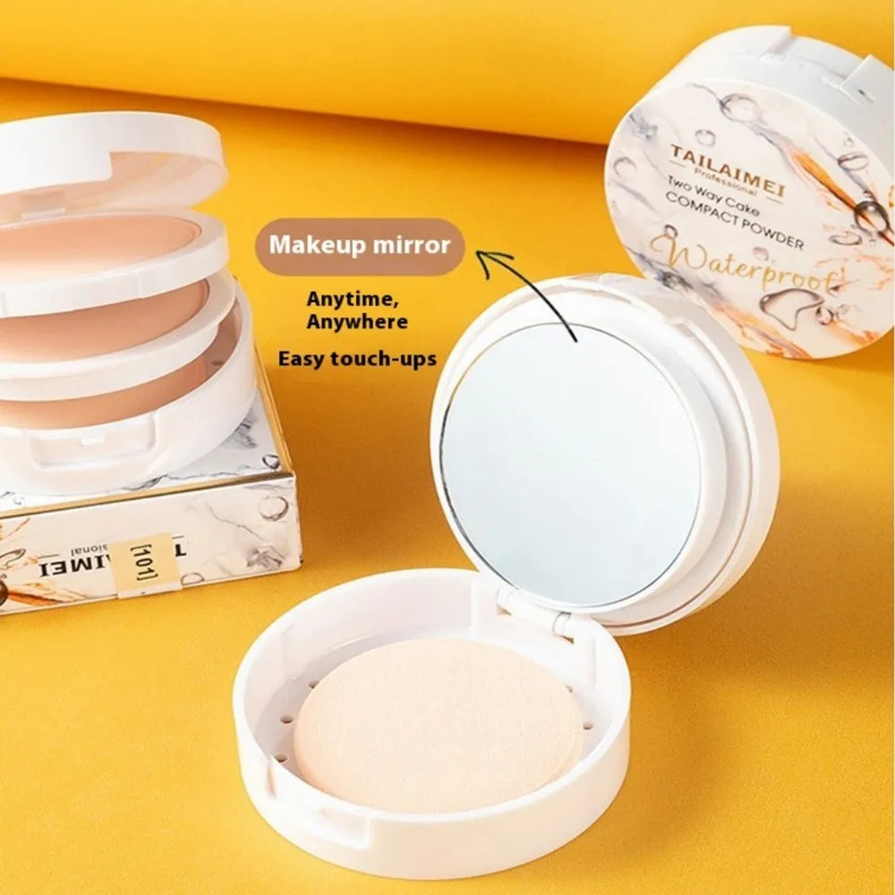 TLM TAILAIMEI  Two-Way Cake Compact Powder with Puff Matte Finish Face Powder Makeup Oil Control Lightweight Pressed Powder P105