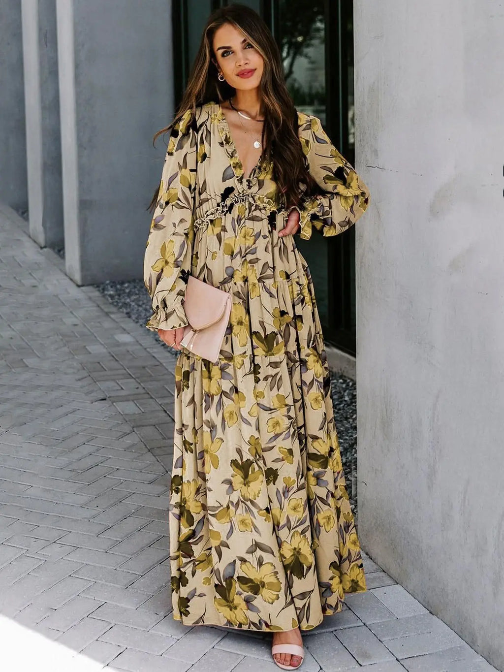 Elegant Floral Print Women Summer Casual Ruffle Layered Long Sleeved V-neck A Line Long Maxi Party Loose Boho Dresses