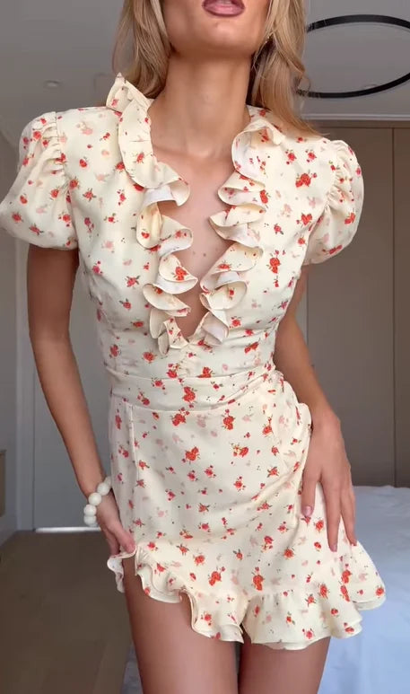 Elegant Floral Printed Mini Dress Women V-neck Short Sleeves Waist-cinching Ruffle Hem Dresses 2026 Lady Summer Vacation Gowns