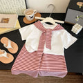 Girls Suit Summer Short-sleeved T-shirt With Stripes Shawls+Pants 2Pcs Outfits Kids Casual Clothes Children's Fashion Sets 1-12Y