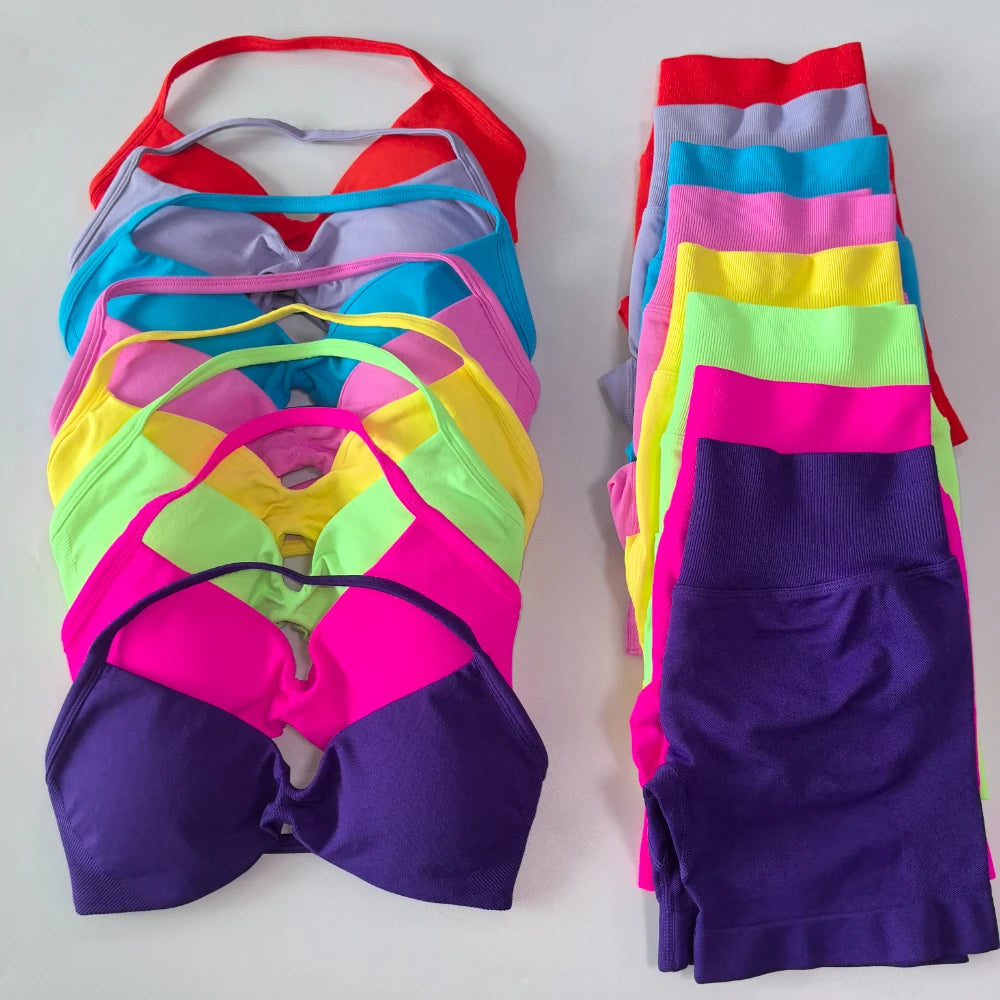 NO LOGO 2PCS Gym Set Women Strappy Yoga Bra Top High Waist Workout Scrunch Shorts Sports Suit Seamless Yoga Set Fitness Clothes