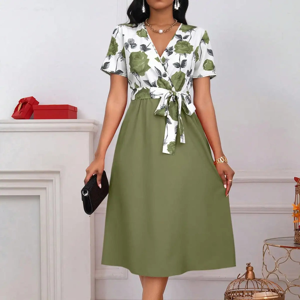 Women's Floral Print V-Neck Tie Waist Midi Dress - Rose Patchwork A-Line Short Sleeve Dress for Casual, Vacation & Wedding Guest