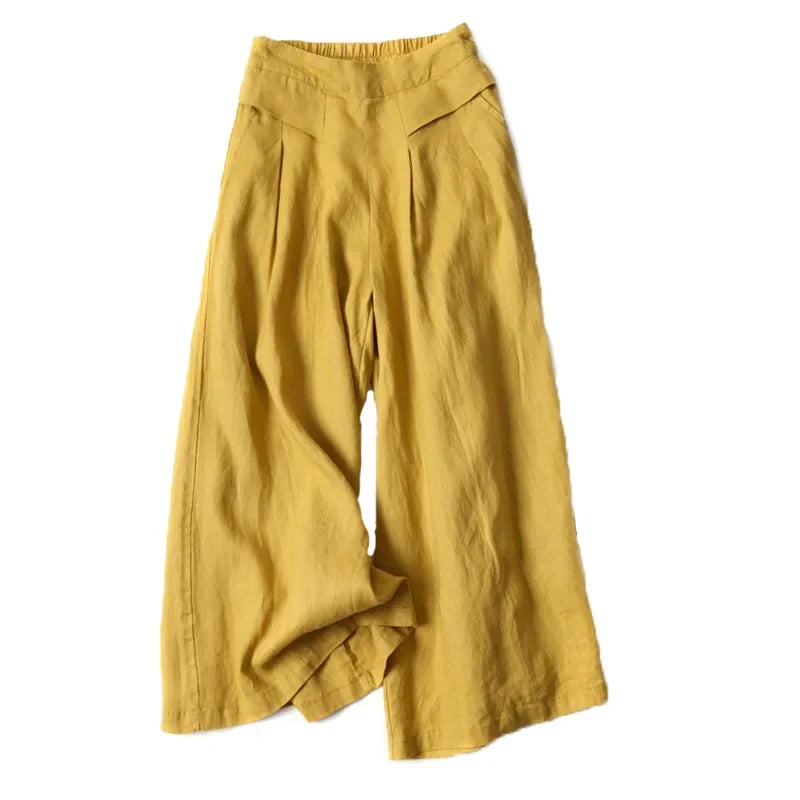 2026 Summer Women's Culottes Cotton Linen Cropped Wide Leg Pants Elastic Waist Casual Palazzo Trousers with Pockets