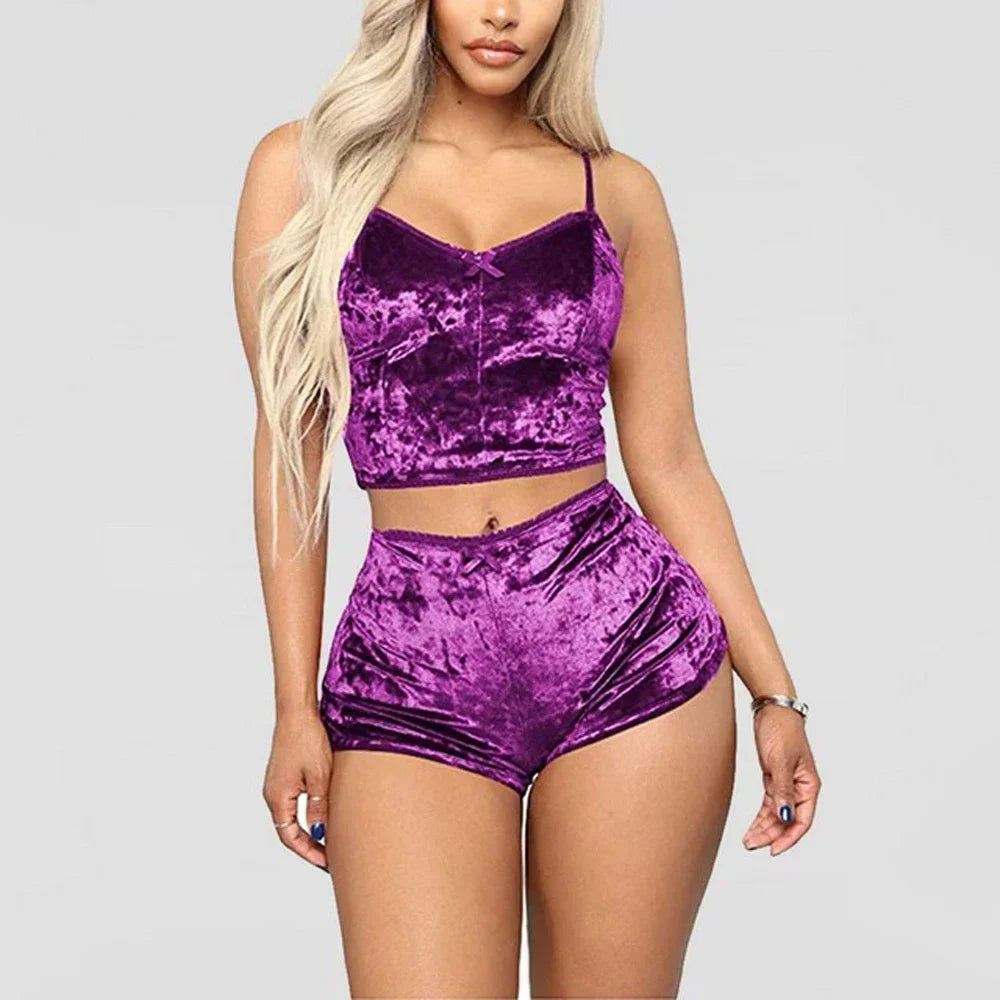 2Pcs/set Women's Velvet Polyester Comfortable V Neck Underwear Crop Top + Shorts Pajama Set Homewear Sleeveless Top Shorts Camis