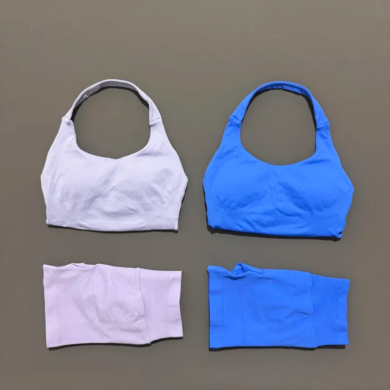 2 Peice Histello Sports Set Women Seamless Halter Top Longline Strappy Padded Scrunch Shorts Set Yoga Suit Gym Workout Sets
