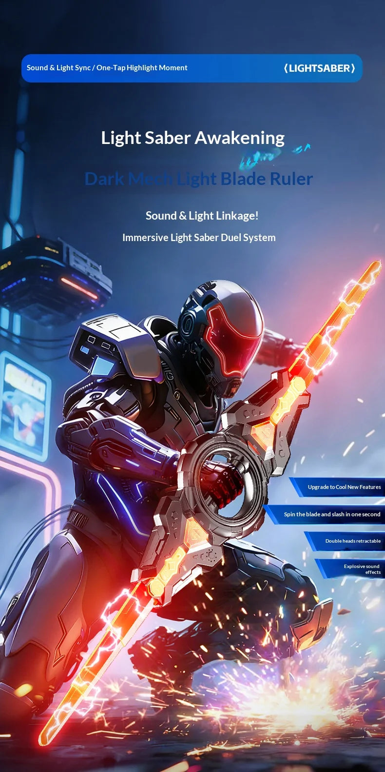 Fire spinning sword, double-edged light sword, children's toy sword, boy's double headed telescopic bearing, rotating knife, lum