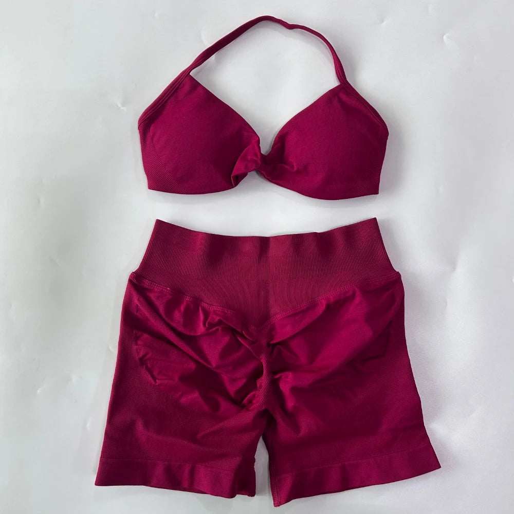 NO LOGO 2PCS Gym Set Women Strappy Yoga Bra Top High Waist Workout Scrunch Shorts Sports Suit Seamless Yoga Set Fitness Clothes