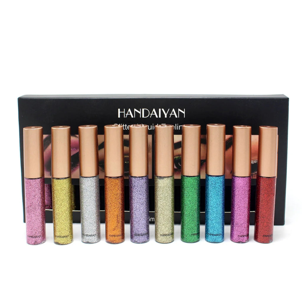 Long Lasting Glitter Eyeliner Kit 10 Vibrant Shades Metallic Sparkle Smudge Proof Easy Apply Eye Liner Makeup Set