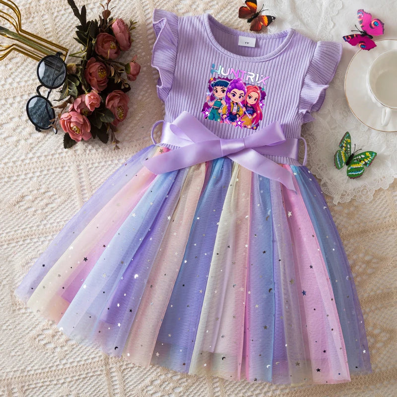 K-Pop Hunters Zoey Mira Rumi Girls Flying Sleeves Bow Sequin Dress Kids Baby Girl Birthday Party Fluffy Tutu Princess Dress 1-5Y