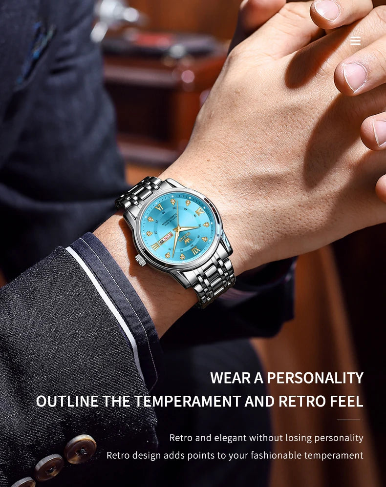 OLEVS 5513 Exclusive Original Quartz Watch for Men Diamond Roman Scale Waterproof Wristwatch Dual Calendar Stainless Steel Watch