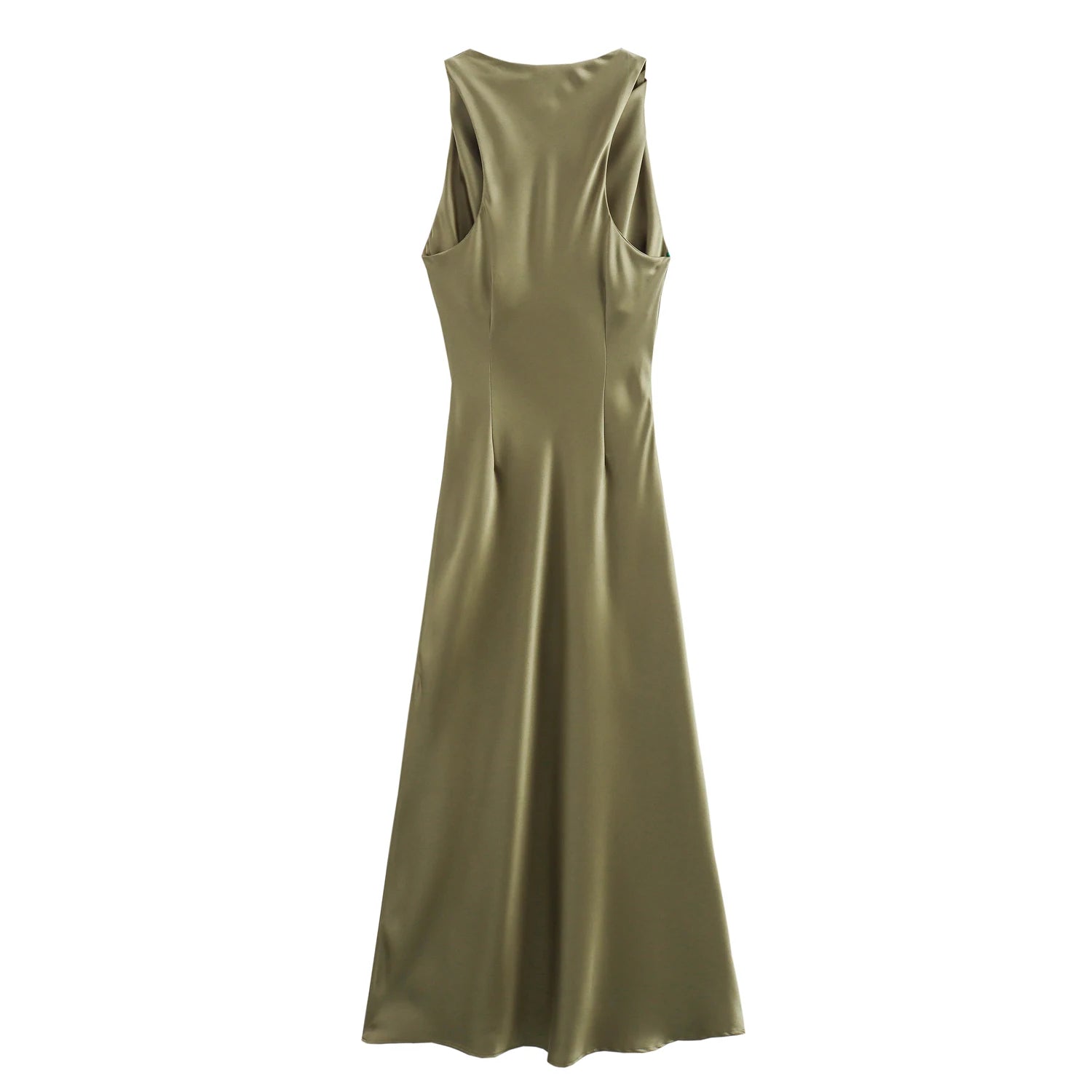 XNWMNZ 2024 Women's Fashion Satin Midi Dress Women High Street O Neck twisted armholes Waist Gathered Fit female Midi Dresses
