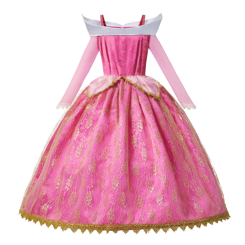 Girl Aurora Princess Dress Children Luxurious Cosplay Costume Rose Pink Briar Rose Outfit Kids Carnival Birthday Party Clothing