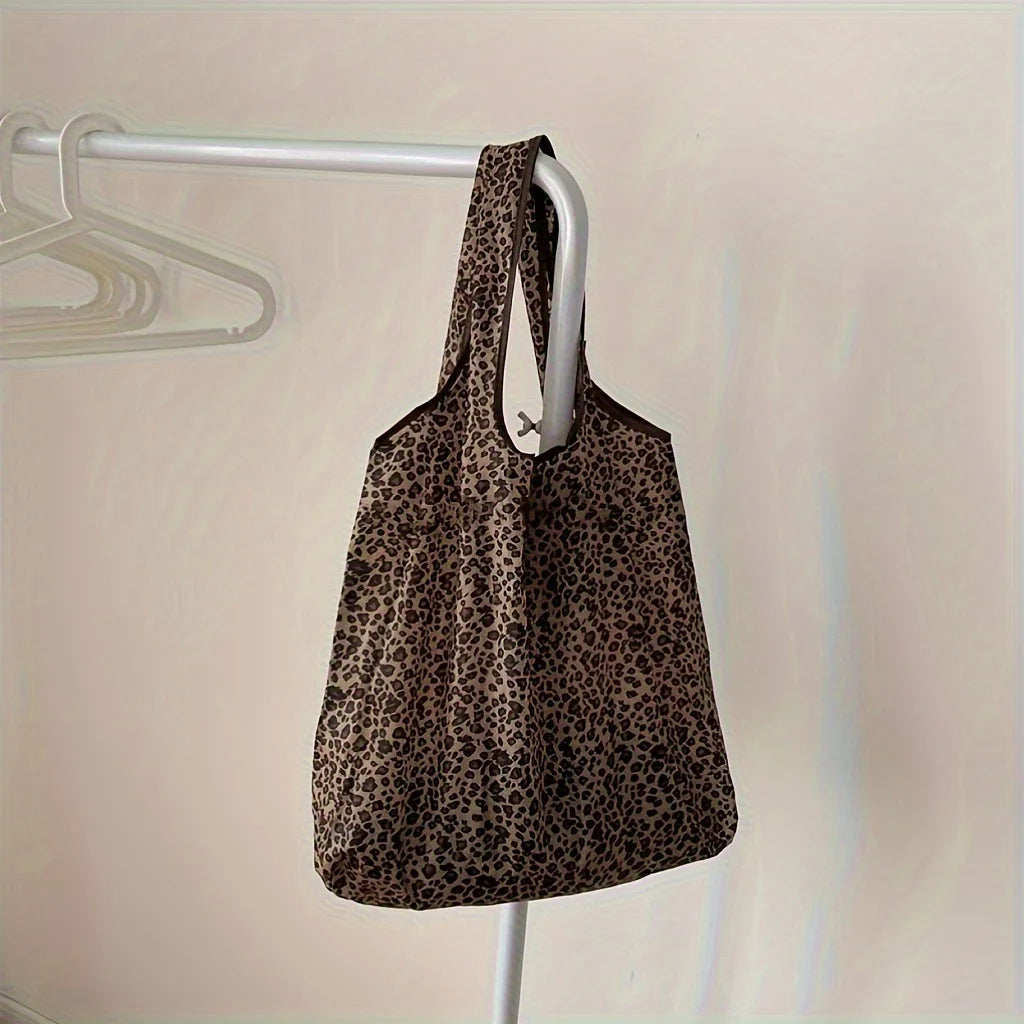 Leopard Print Foldable Tote Bag Lightweight Polyester Leak-Proof Reusable for Shopping Travel Work