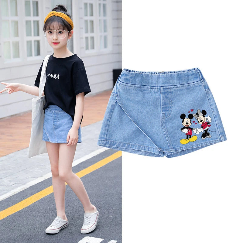 Kids Clothes Elastic Waist Fake Skirt Denim Shorts Jeans for Girls 3-12 Years -Minnie Kuromi Strawberry Bear Printed‌ Fake Skirt