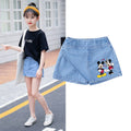 Kids Clothes Elastic Waist Fake Skirt Denim Shorts Jeans for Girls 3-12 Years -Minnie Kuromi Strawberry Bear Printed‌ Fake Skirt
