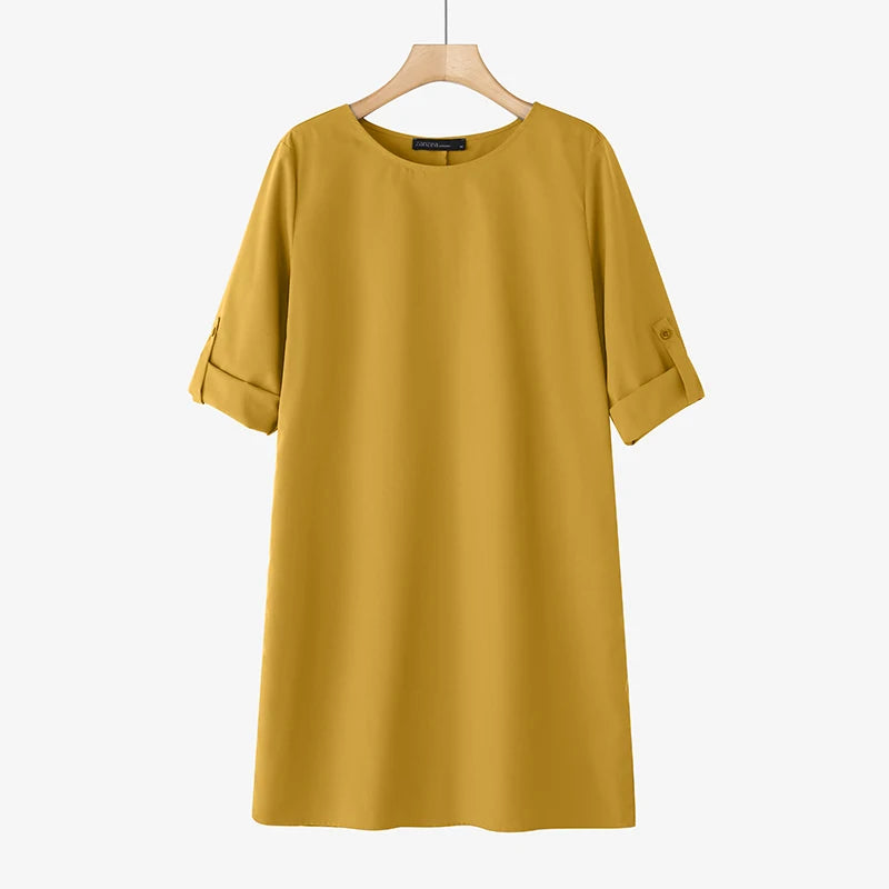 ZANZEA Elegant Women Party Dress 2026 Summer Fashion 3/4 Sleeve Casual Shirt Vestidos Pockets Loose Solid Knee-length Sundress