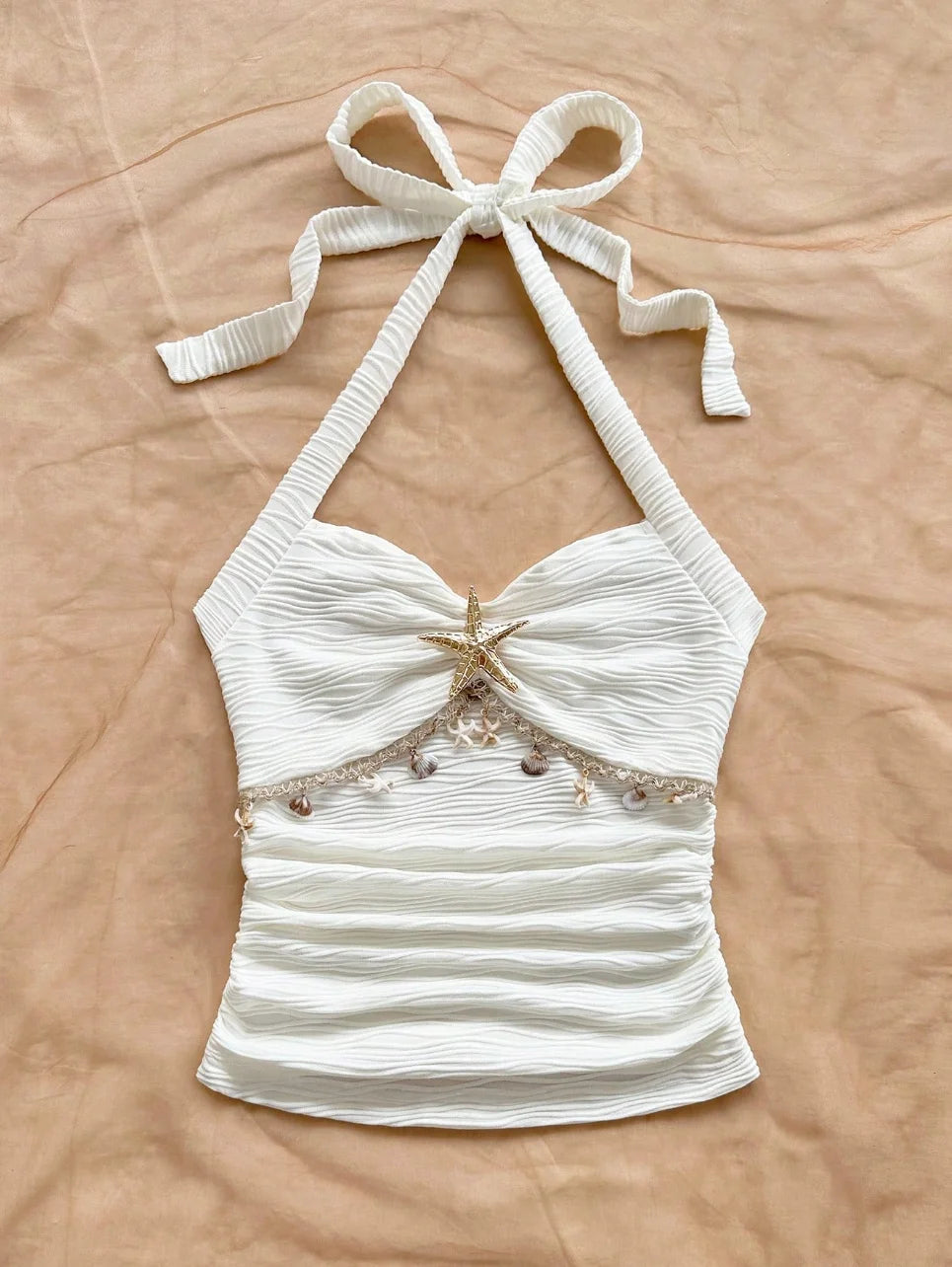 Women's suspender tie, starfish shell decoration, starfish metal button knitted fabric vest, suitable for parties，cropped top