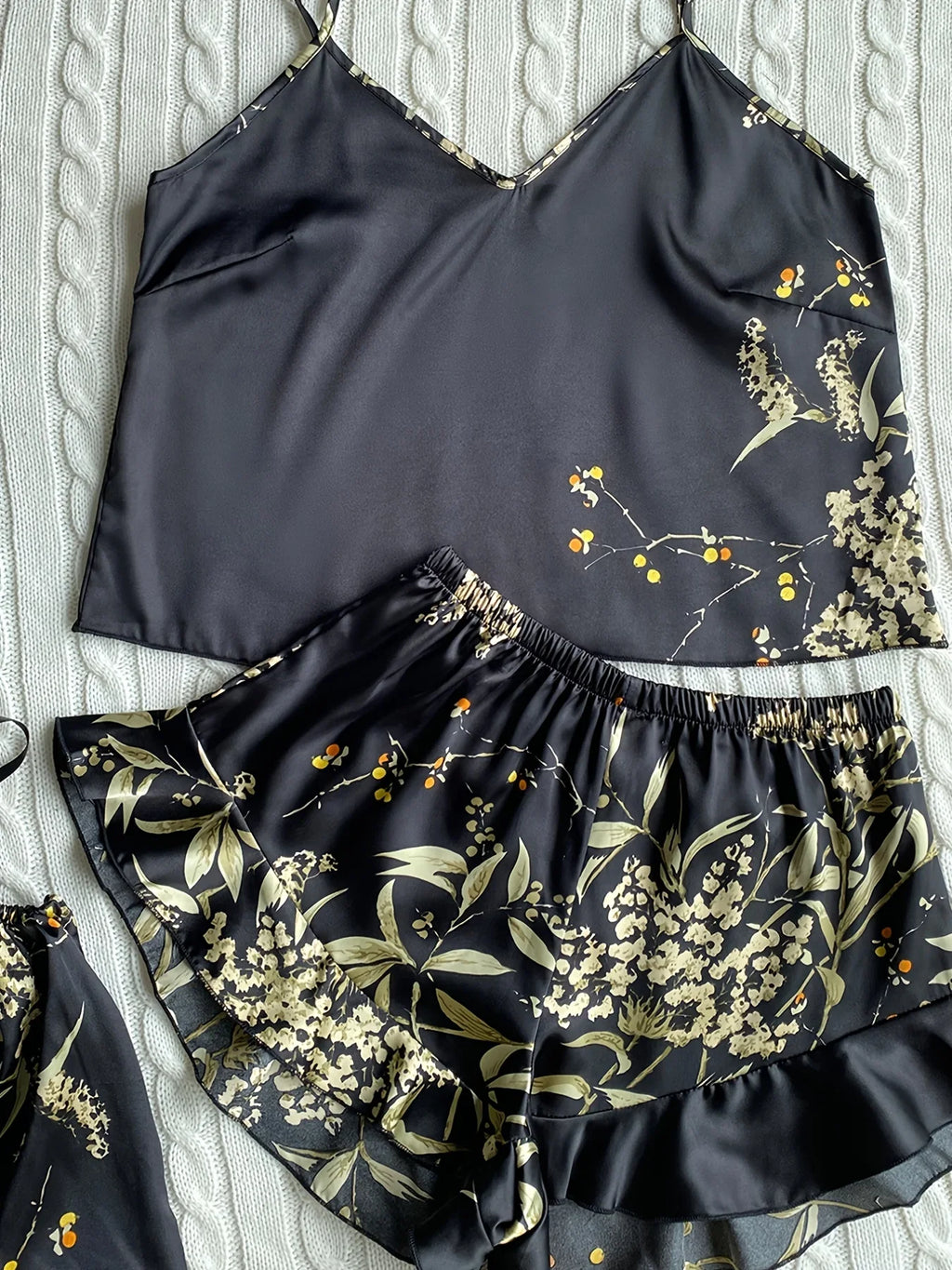 Elegant Floral Print Cami Tops Ruffle Hem Shorts Pajama Set  Women's Sleepwear Loungewear