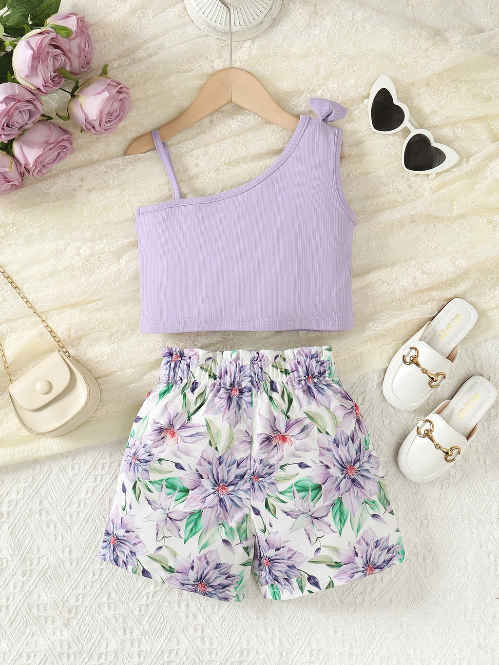 2PCS Summer Kids Girl Clothes Set Suspenders Bow Top+Flower Shorts Fashion Sense Design Party Costume For Child Girls 1-8 Years
