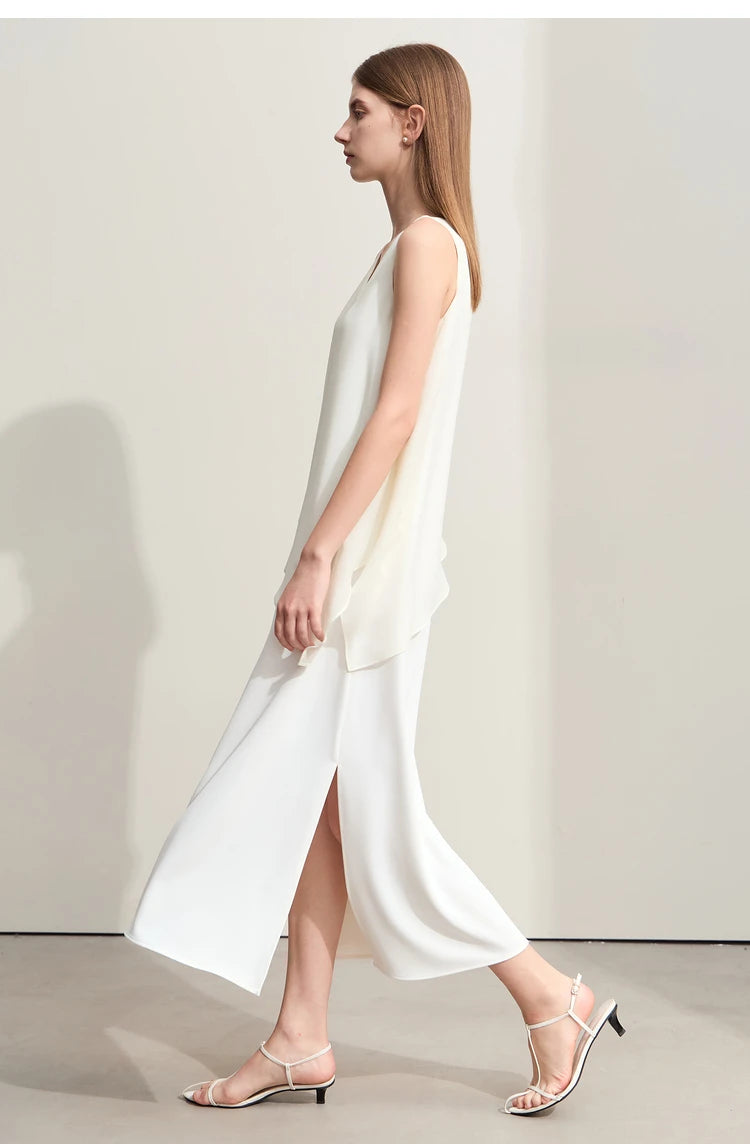 Amii Minimalism 2024 Women Dresses Summer New Vacation Style V-neck Spliced Chiffon Female Sleeveless Loose Dress 12452102