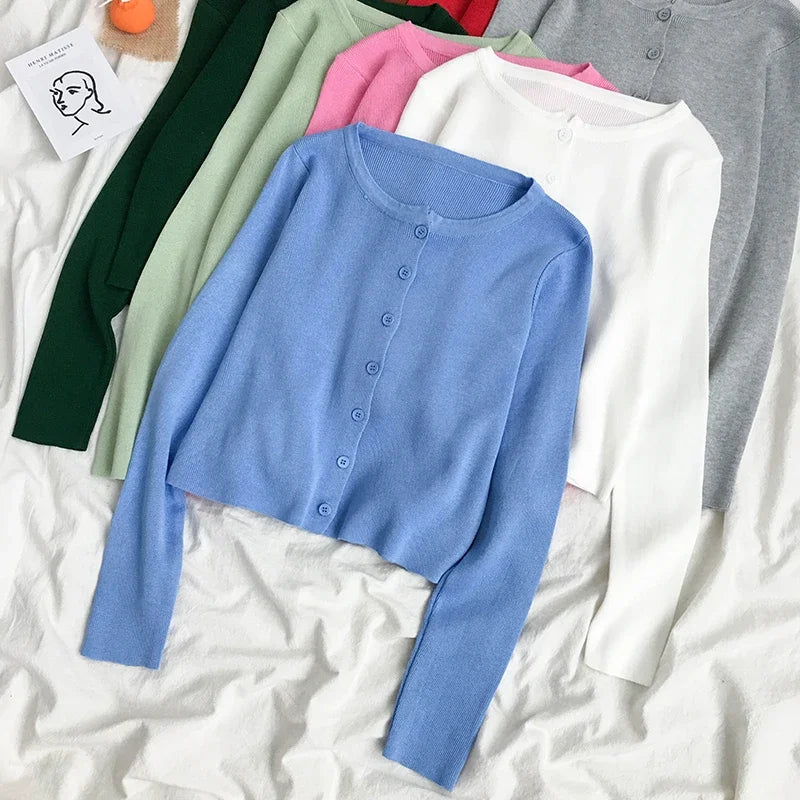 Spring Autumn Knitted Cardigans Women Long Sleeve Buttons Front Vintage Cardgian Top Classic Style Simple Soild Color Chic