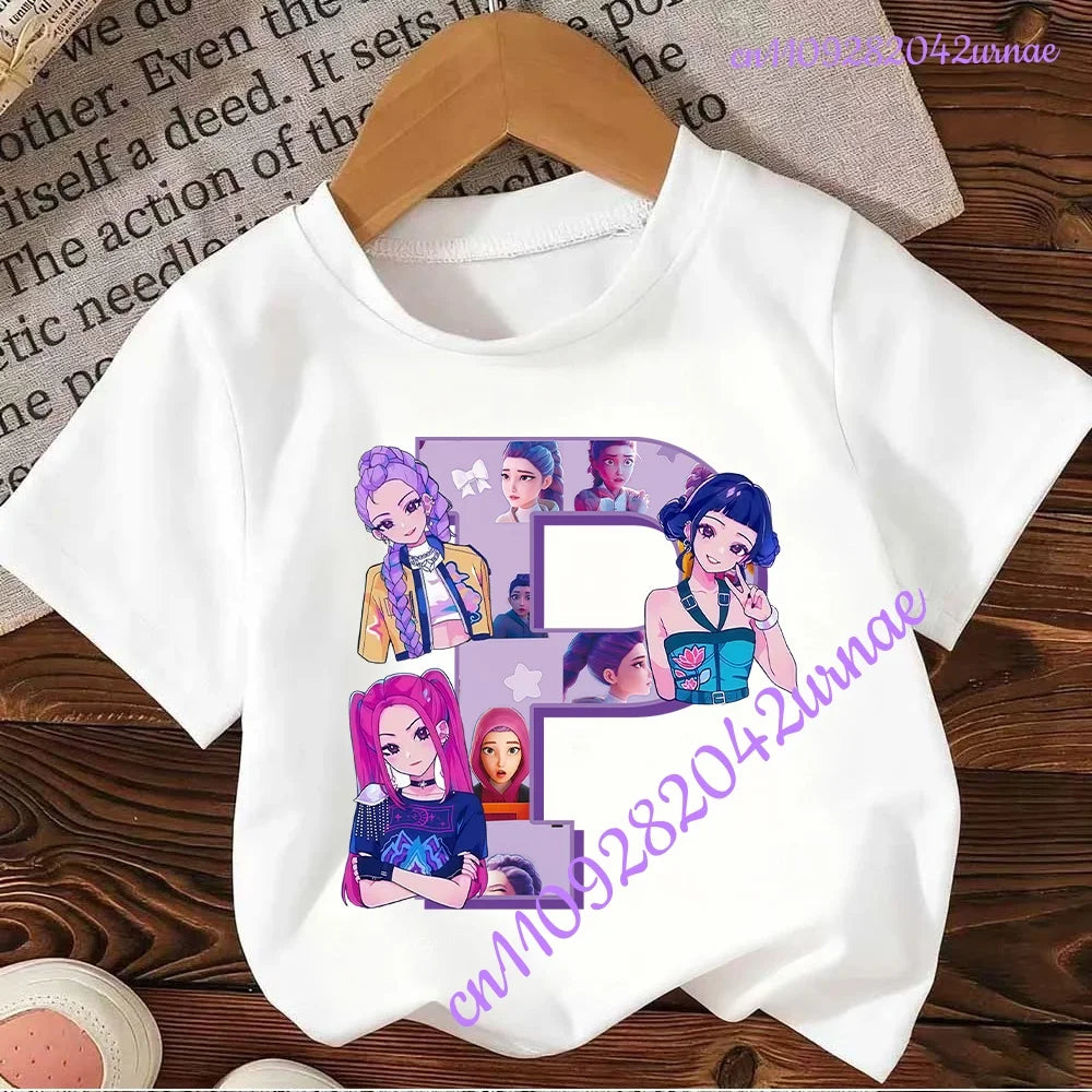 Kpop Demon Hunters Letter A-Z T-shirt Kawaii Rumy Birthday Tops Party Wear Girls Tee Summer Short Sleeve Cotton Kid Clothes