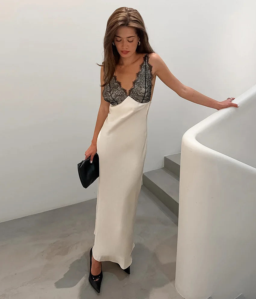Tossy Lace V-Neck Printed Long Dress Women's Patchwork High Waist Slim Backless Summer 2026 New Dress Female Party Dress Gown