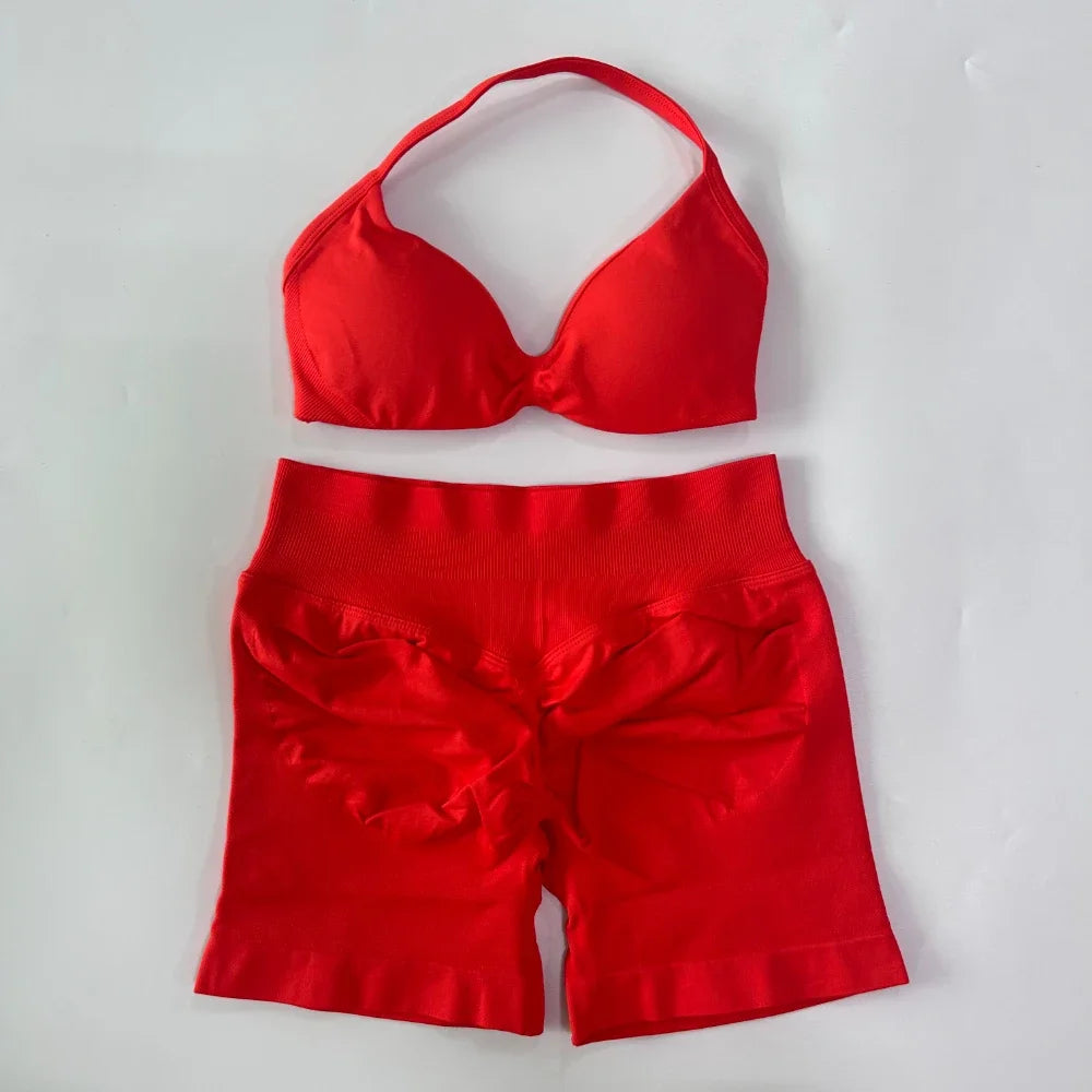 NO LOGO 2PCS Gym Set Women Strappy Yoga Bra Top High Waist Workout Scrunch Shorts Sports Suit Seamless Yoga Set Fitness Clothes
