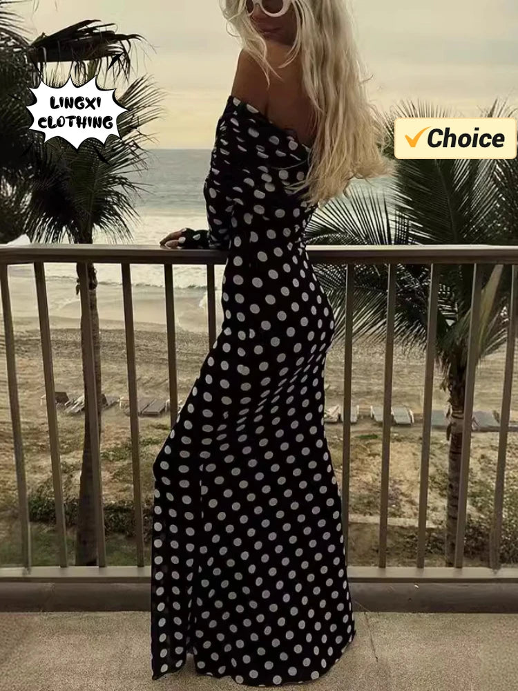 Summer Fashion Vacation Style Fashion Party Women's Long Elegant One Shoulder Wave Dot Print Slim Fit Sexy Long Retro Dresses