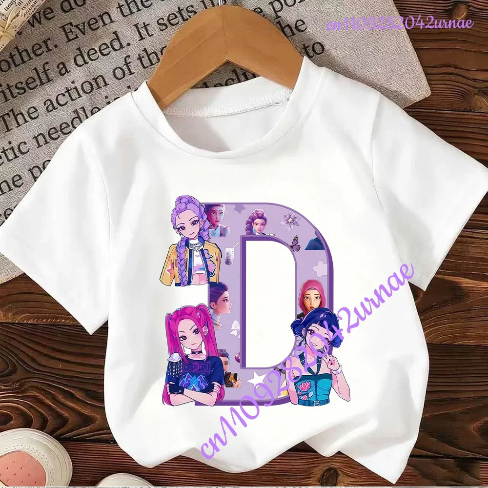 Kpop Demon Hunters Letter A-Z T-shirt Kawaii Rumy Birthday Tops Party Wear Girls Tee Summer Short Sleeve Cotton Kid Clothes