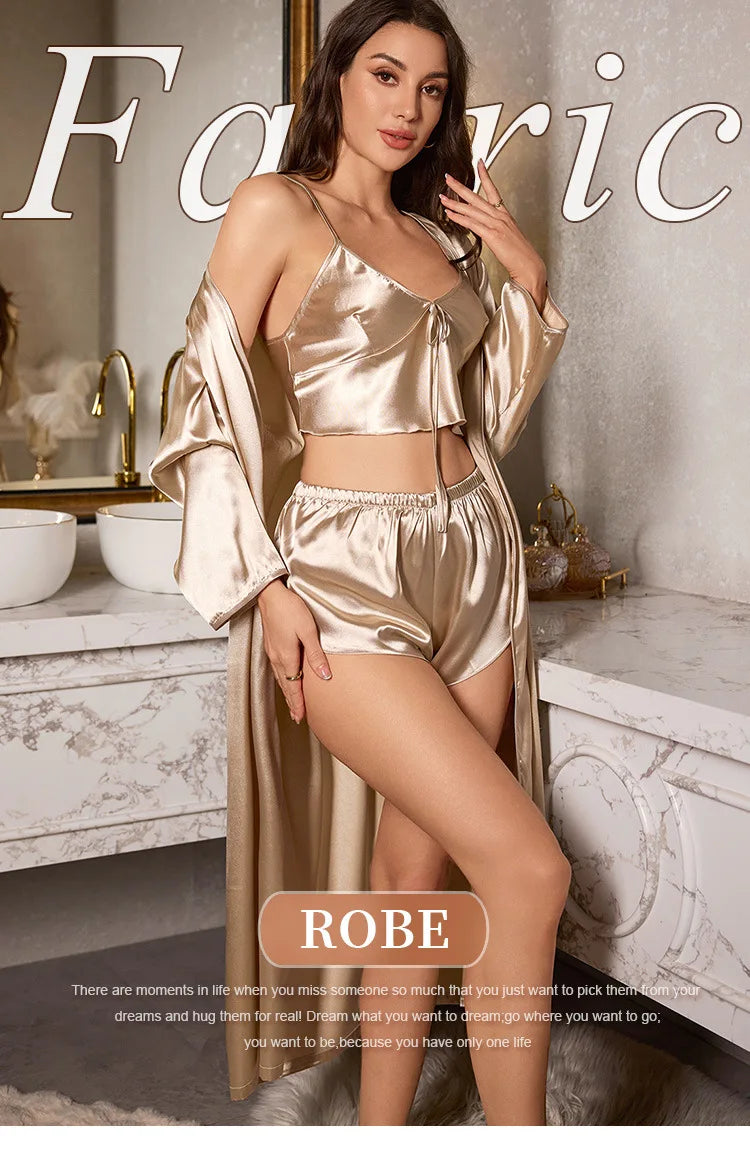 3PCS Sexy Women Pajamas Ladies Nightgowns Satin Robes Nightdress Sling and Short Women Robe