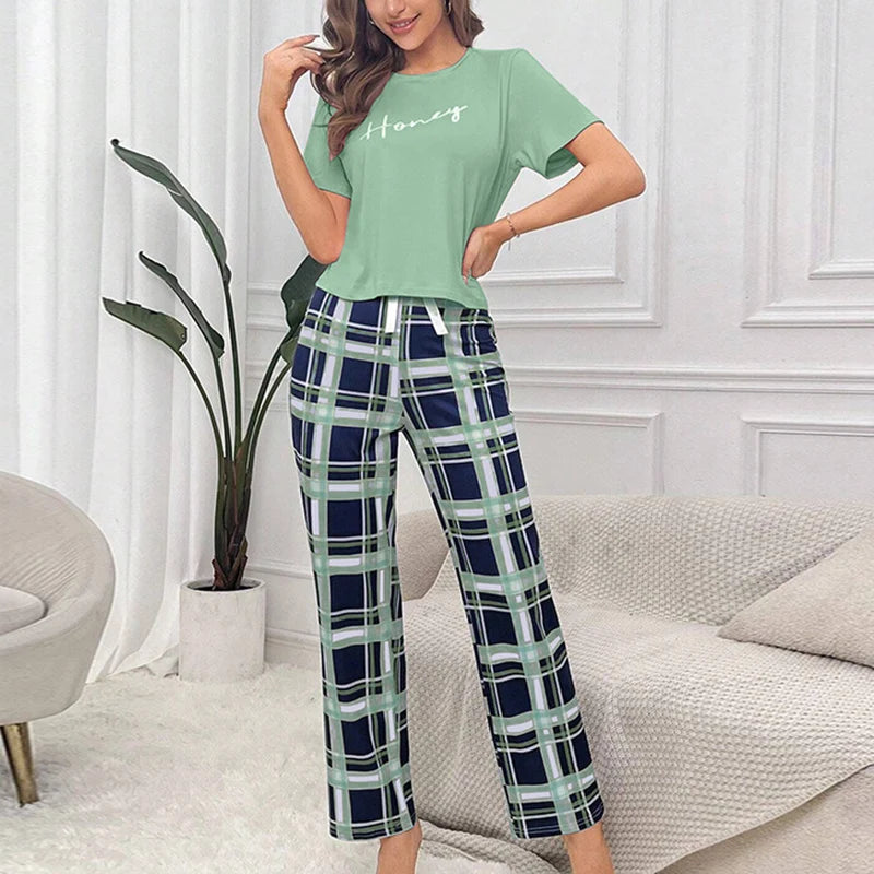 Heart & Letter Printed Womens Pajama Pj Set Soft Short Sleeve Tops & Elastic Waist Pants Pyjama Pijama Femme Casual Home Clothes