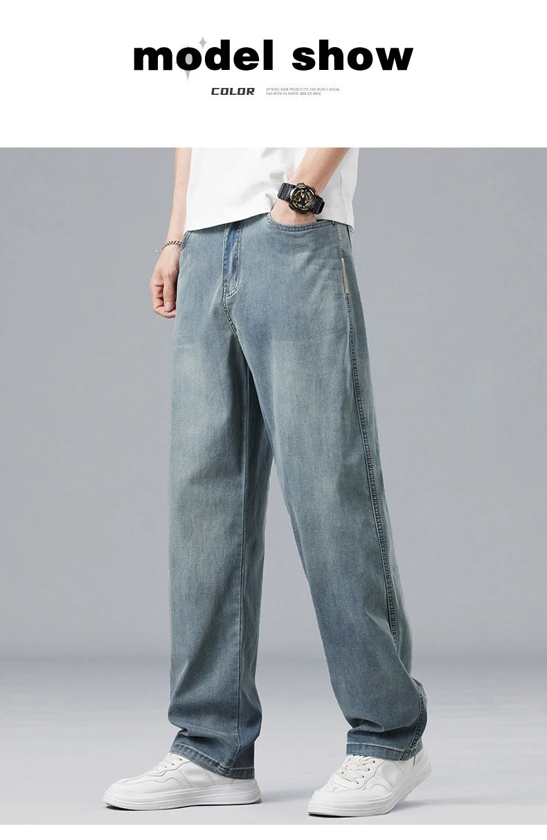 Summer Ultra-thin Lyocell Men's Jeans Drape Soft Fabric Loose Straight Casual Denim Pants Elastic Ice Silk Male Trousers