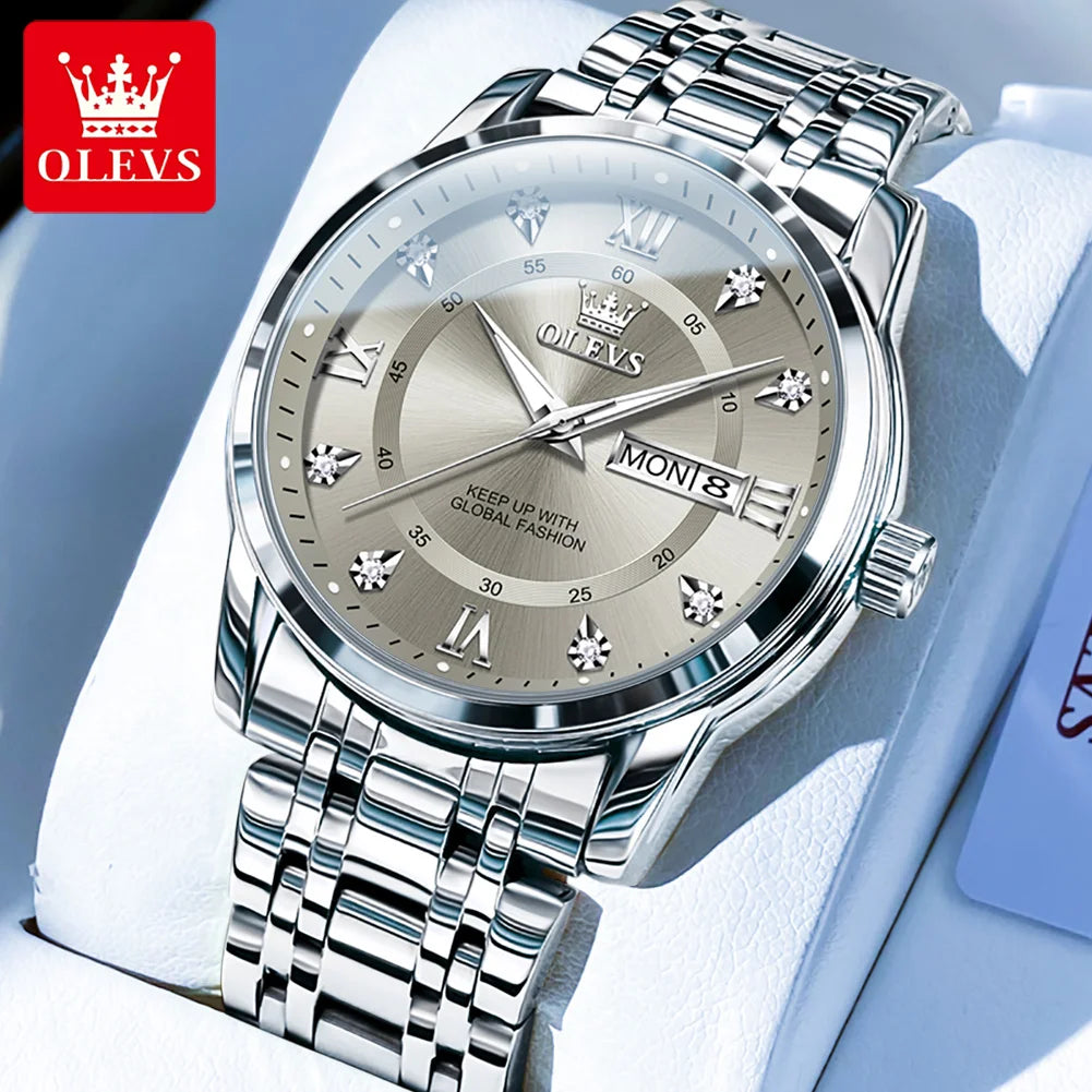 OLEVS 5513 Mens Watch Original Fashion Brand Quartz Waterproof Luminous Watch For Man Stainless Steel Dual Calendar Watch Box