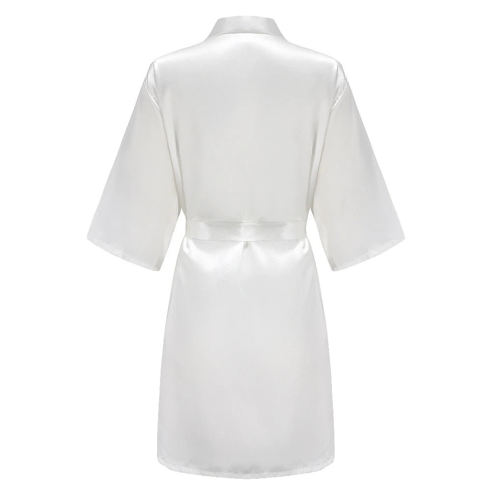 Light Blue Women's Satin Robe Short Kimono for Bride & Bridesmaid With White Letter, Wedding Party Robes
