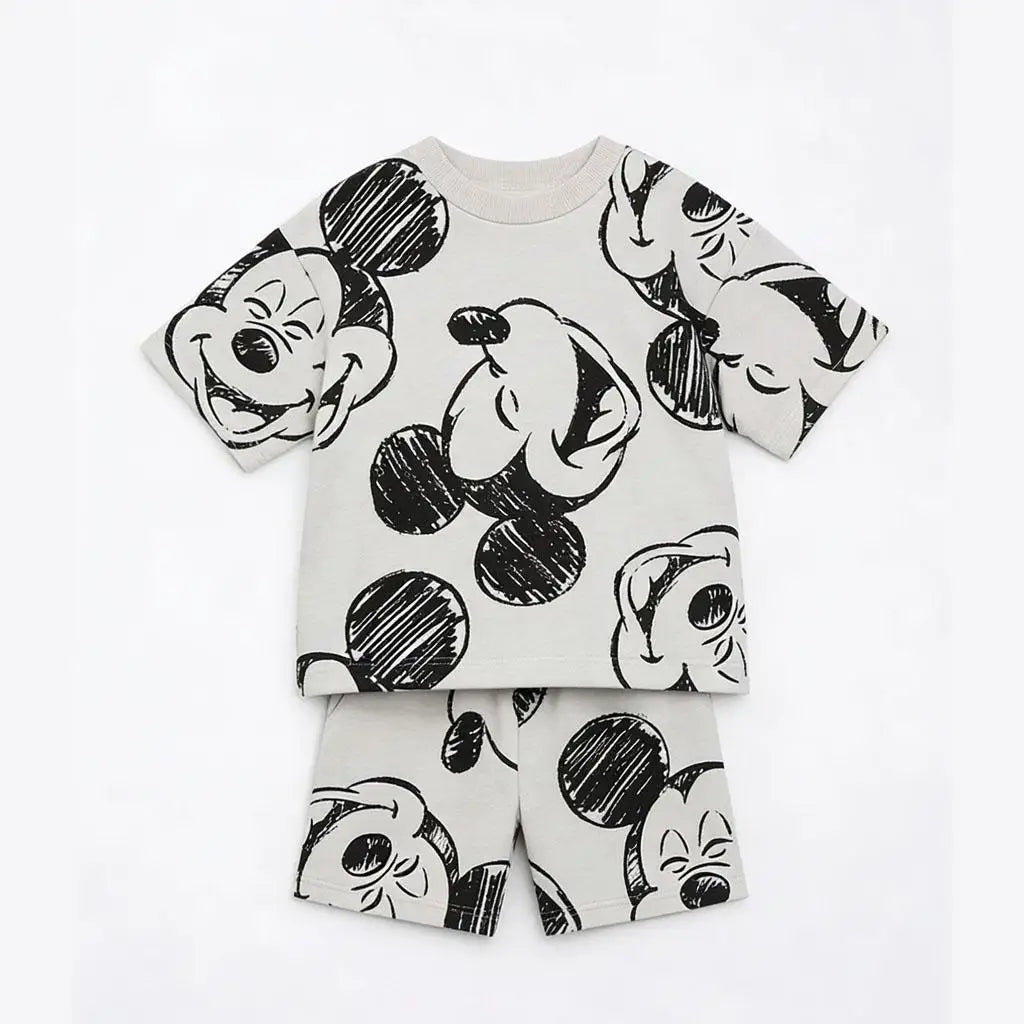 Disney Mickey Children's Sports Set Cartoon Fashion Loose Girl Baby Boy Short Sleeve Round Neck T-shirt+shorts Two Piece Set