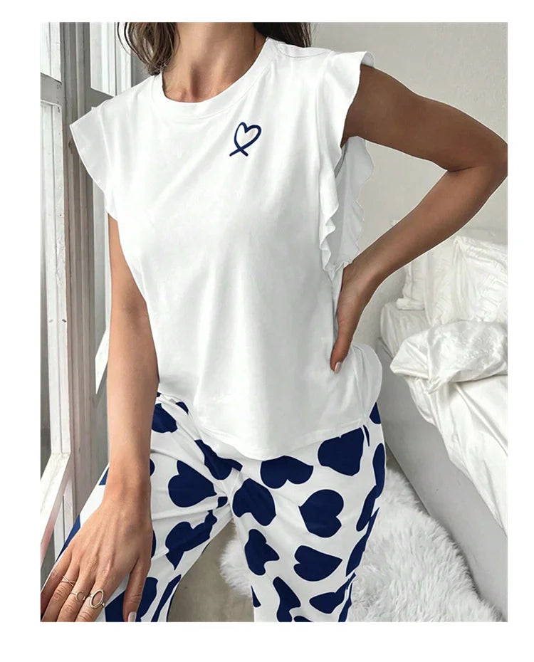 Heart & Letter Printed Womens Pajama Pj Set Soft Short Sleeve Tops & Elastic Waist Pants Pyjama Pijama Femme Casual Home Clothes
