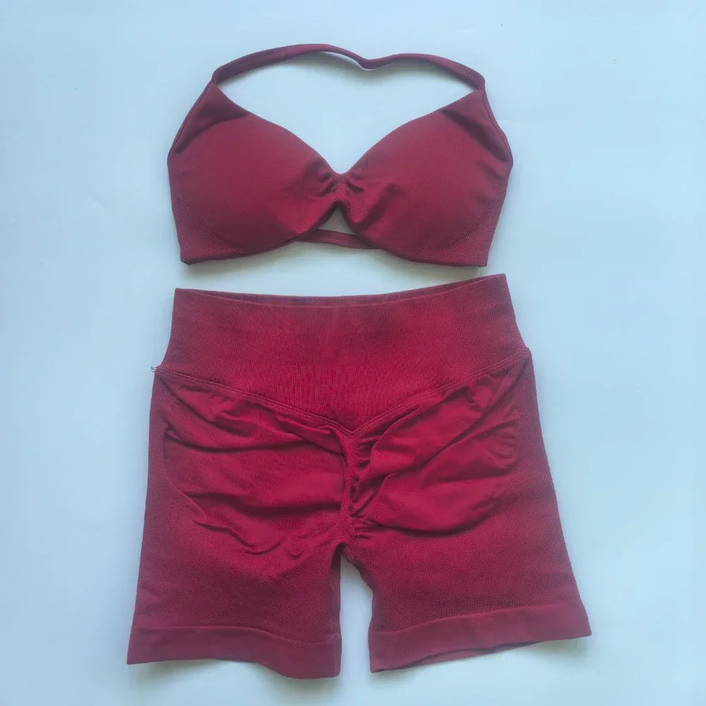 NO LOGO 2PCS Gym Set Women Strappy Yoga Bra Top High Waist Workout Scrunch Shorts Sports Suit Seamless Yoga Set Fitness Clothes