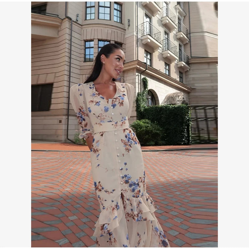 Organza Floral Printed Maxi Dress V-neck Puff Sleeve 2026 Spring/summer Romantic Women Party Gown Fashion Elegant Lady Vestido