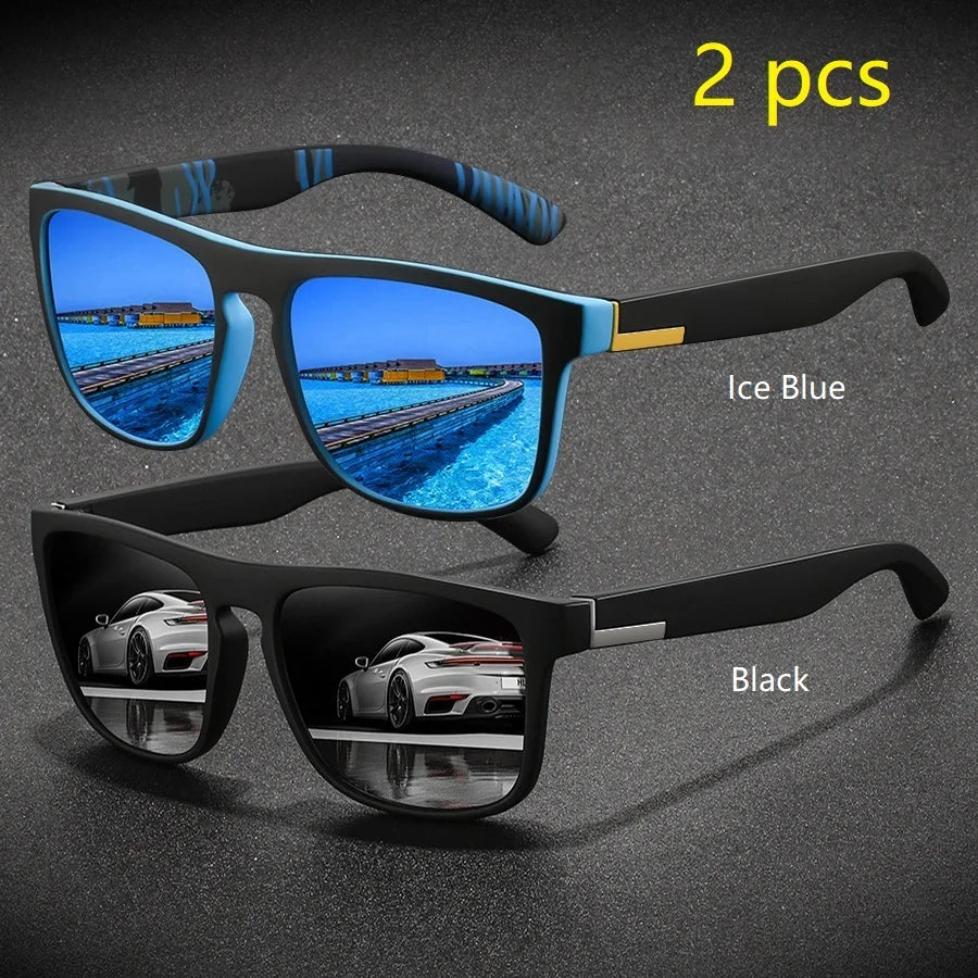 2 Pieces Fashion Vintage Square Sports Sunglasses Men Women Driving Fishing Brand Designer Sun Glasses Retro Man Eyewear UV400