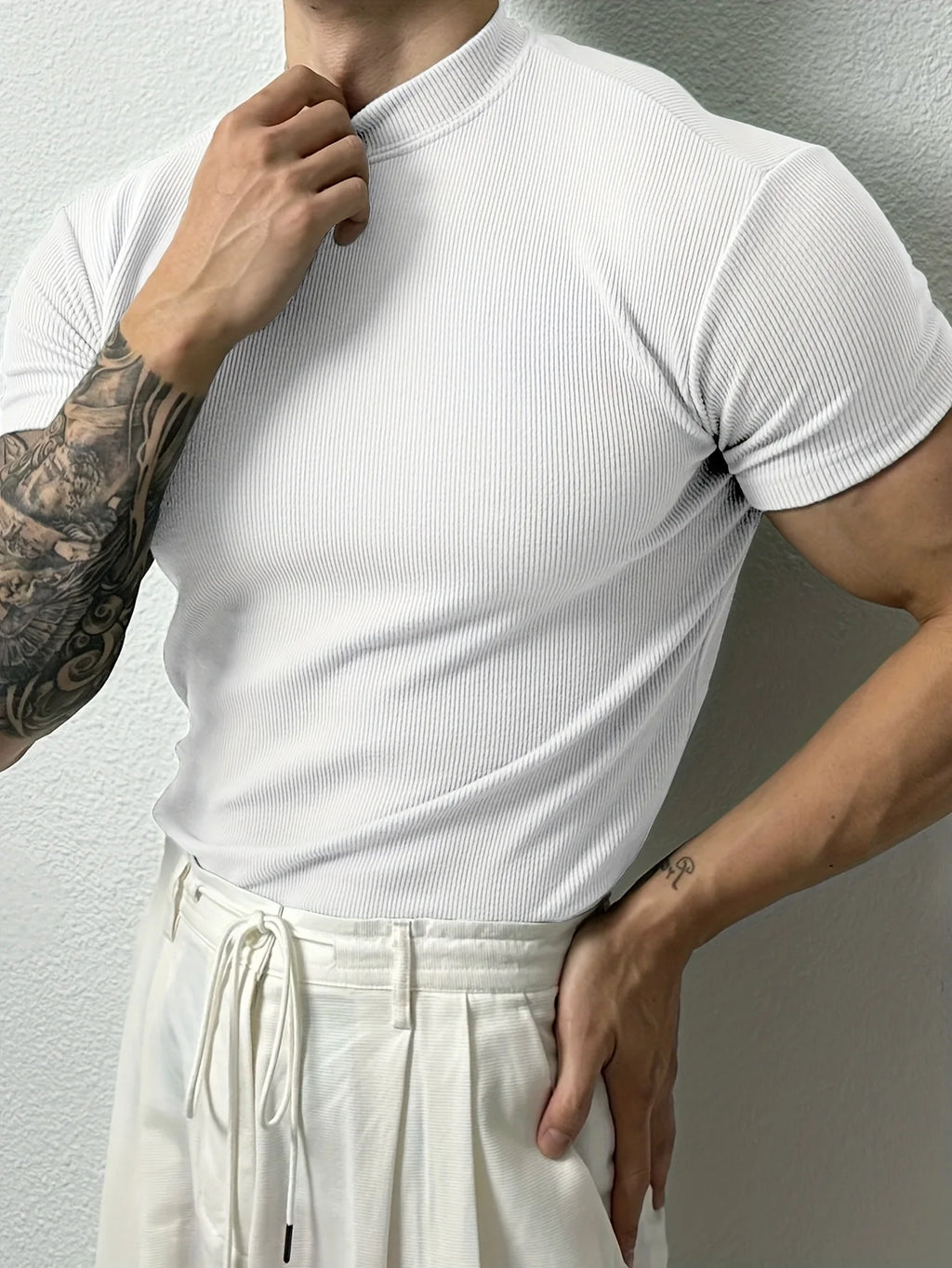 2026 New fashion Men's T-shirt Small high collar stripe shirt short sleeve fitness top leisure sport T-shirt Men sportswear