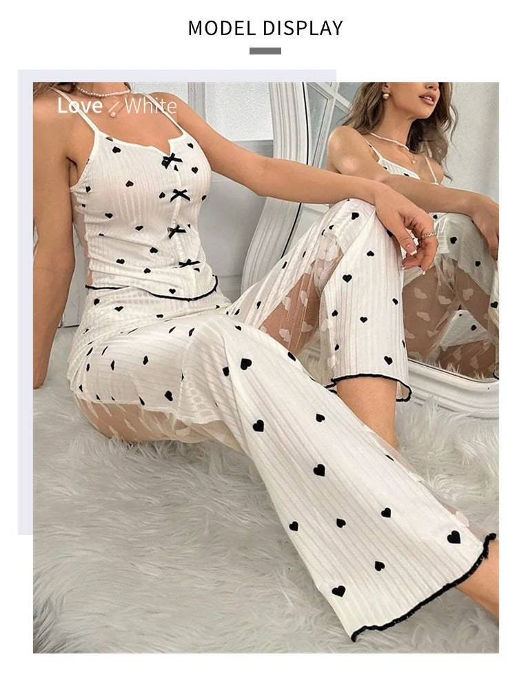 Women's Sleepwear & Loungewear Heart Print Contrast Lace Pajamas Pj Set Summer Sleevelss Cami Top & Elastic Pants Pyjama 2 Piece