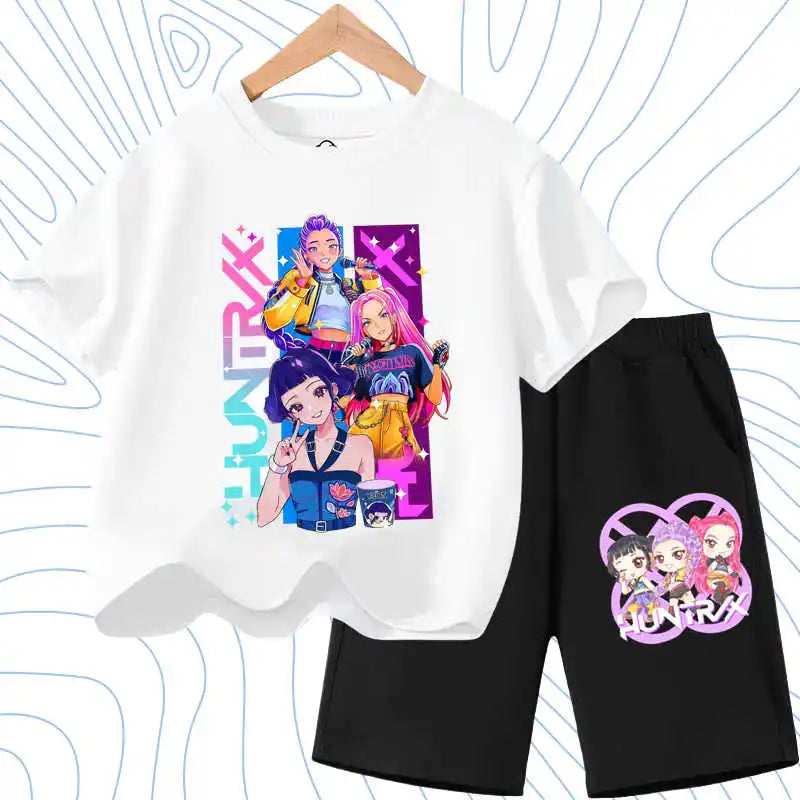 Summer Girls Casual T Shirt Sets K POP Cartoon Printed Kids Fashion Outfits Teen Children's O Neck Short Sleeve Tops Shorts 2pcs