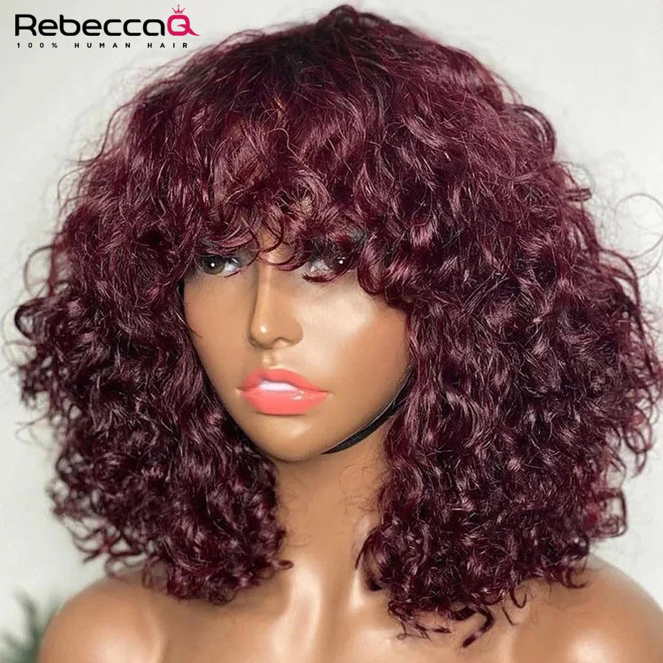 Short Curly Bob Wig With Bangs 100% Human Hair Wigs For Women Brazilian Remy 4C Hair Jerry Curl Glueless Daily Use Natural Color
