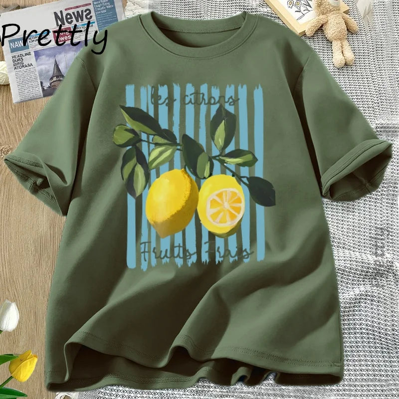 Summer Lemon T-shirt Vintage Cottagecore French T Shirt Cotton Lemon Tee Shirt Vacation Beach Tshirt Casual Short Sleeve Tops