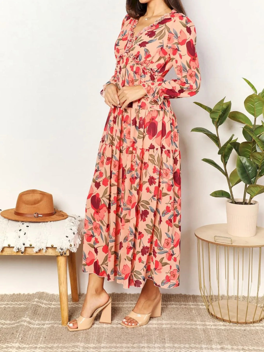 Elegant Floral Print Women Summer Casual Ruffle Layered Long Sleeved V-neck A Line Long Maxi Party Loose Boho Dresses