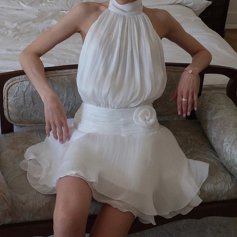 Summer New Chiffon Backless Pleat Short Dress Fashion Sleeveless Hollow Out Mini Dress Elegant Solid Color Halter Evening Dress