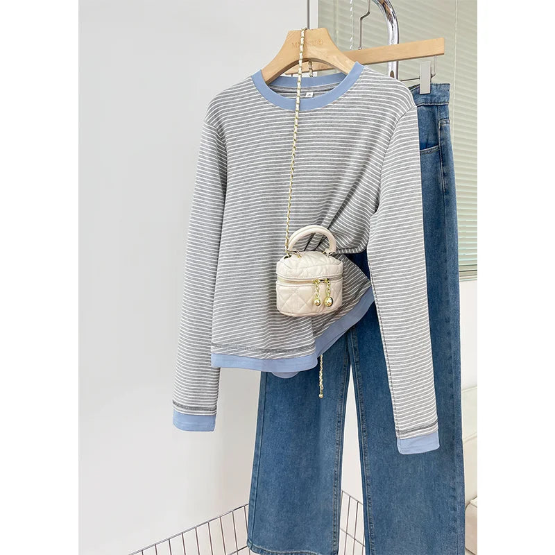 2026 New Women's Loose Fit Casual Stripe Short Sleeve T-Shirt Comfortable Breathable Cotton Polyester Blend Summer Top
