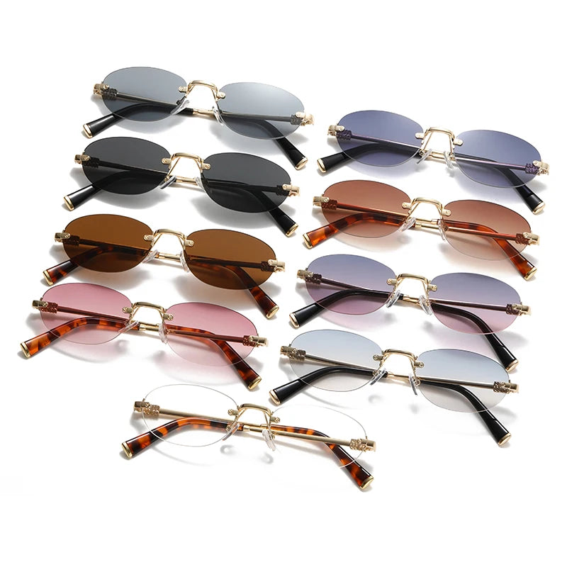 JUNCTURE Popular Fashion Oval Sun Glasses for Female Male Travel UV400 Shades Women Men Rimless Sunglasses Lentes De Sol Mujer